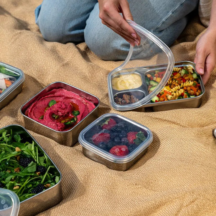 A picnic blanket with stainless steel containers of beetroot dip, berries, greens and pasta salad