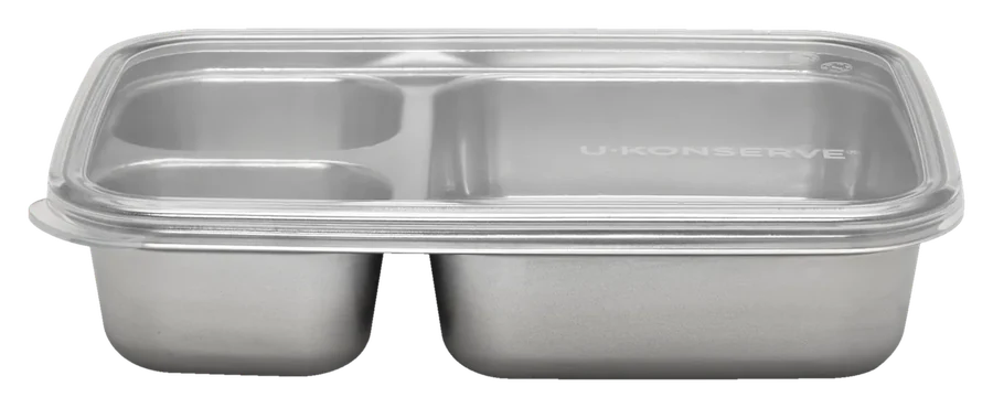 3 Compartment Divided Rectangle container with its clear silicone lid on