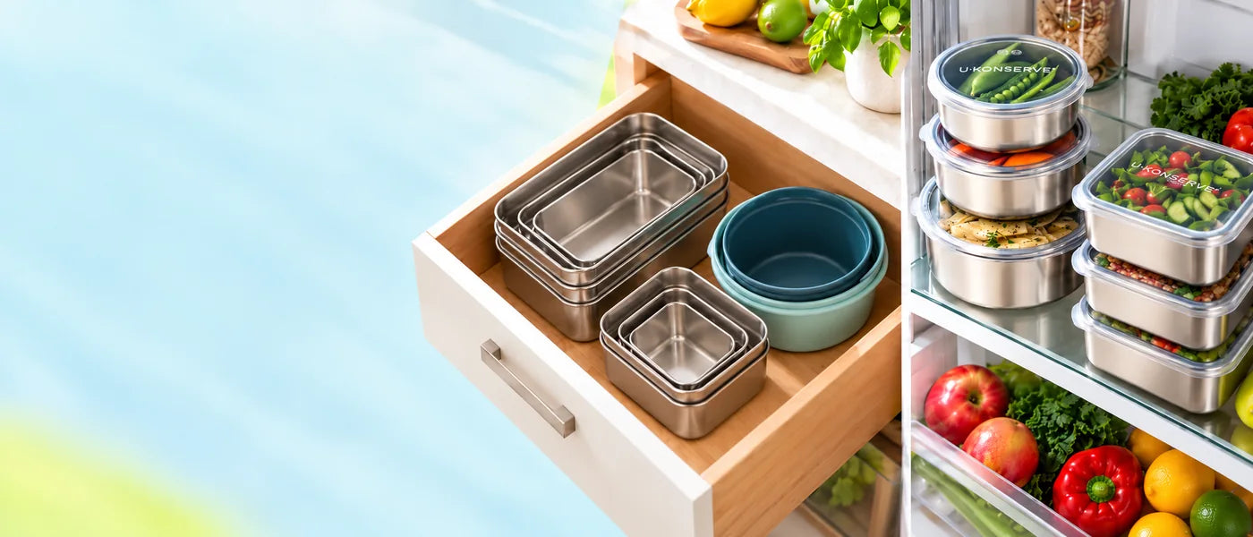 Empty U-Konserve stainless steel and Bounce Box containers nested in a kitchen drawer, and full containers stacked in the fridge